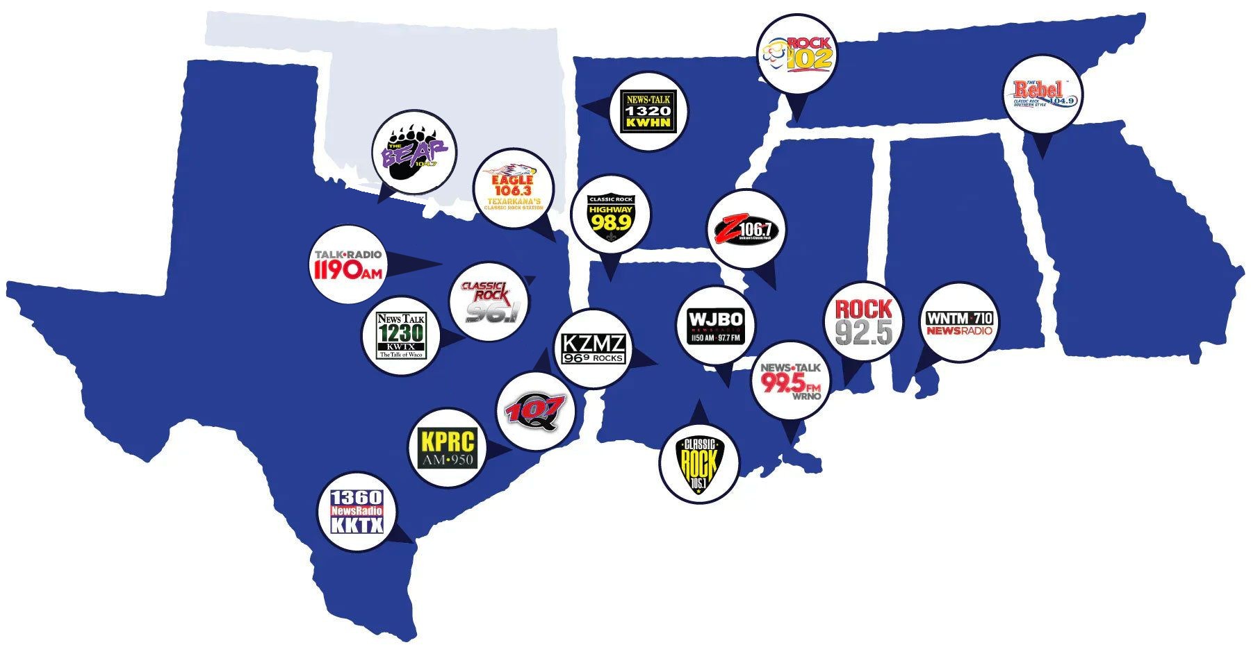 Map of the Walton & Johnson Show affiliate stations across the Gulf Coast and South