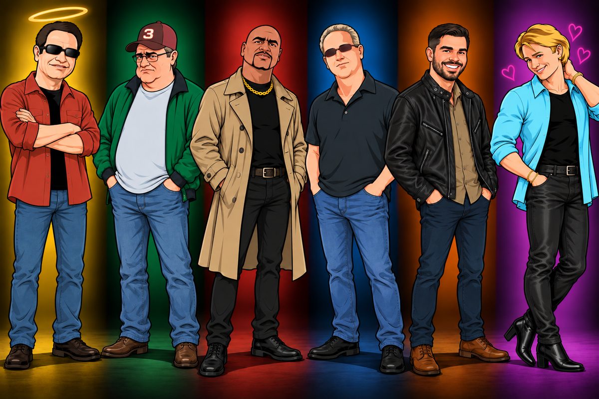 Cartoon lineup of the six members of the Walton & Johnson Show cast