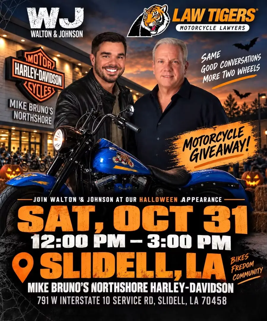 Event flyer: The Walton & Johnson Show Halloween Appearance and Motorcycle Giveaway with Law Tigers, Saturday, October 31, 12:00 PM to 3:00 PM, Mike Bruno's Northshore Harley-Davidson, Slidell, LA
