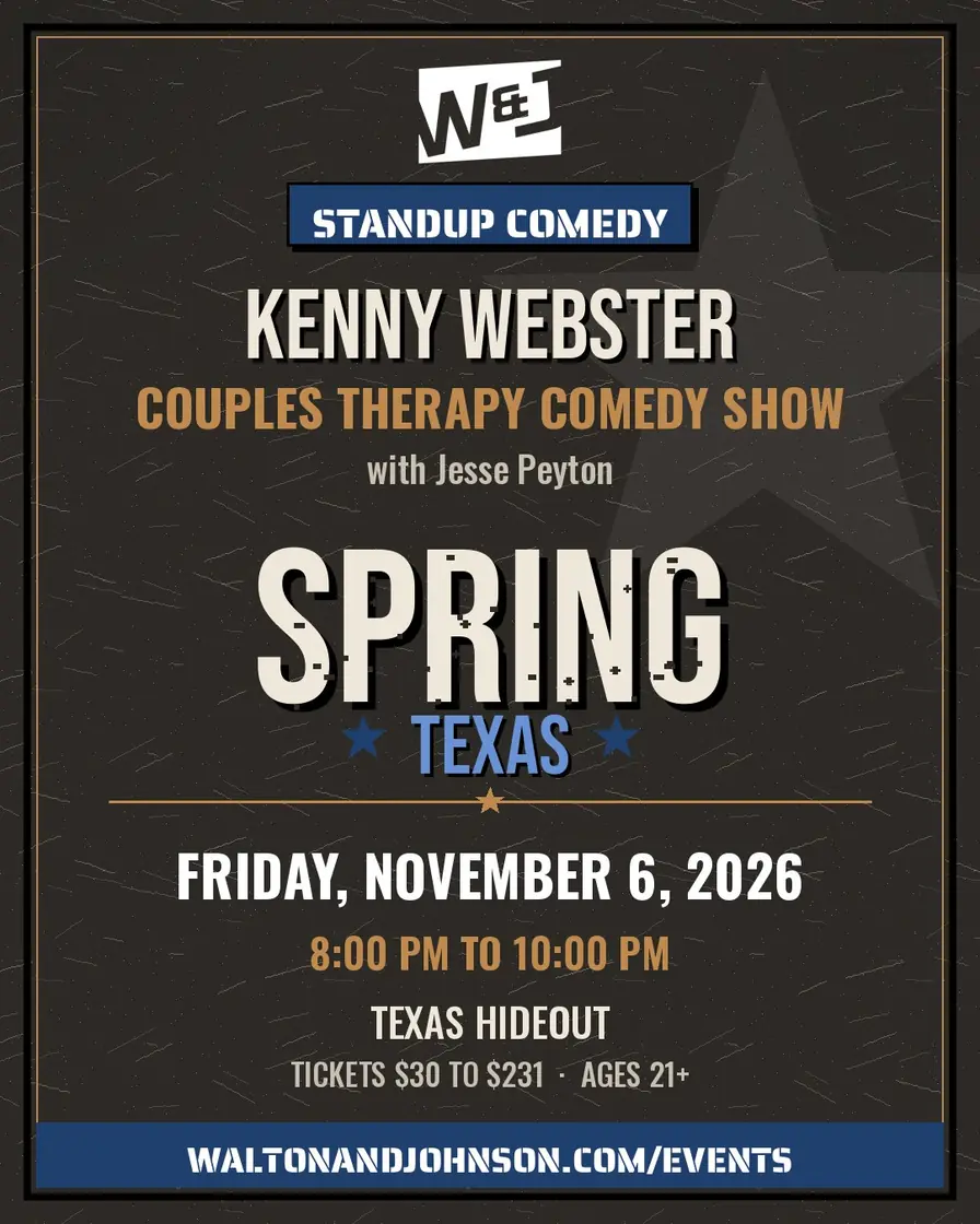 Event flyer: Kenny Webster: Couples Therapy Comedy Show with Jesse Peyton, Friday, November 6, 8:00 PM to 10:00 PM, Texas Hideout, Spring, TX