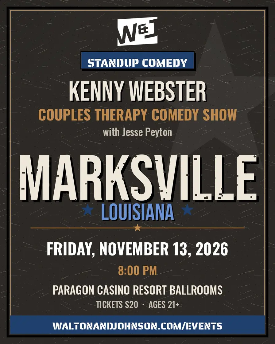 Event flyer: Kenny Webster: Couples Therapy Comedy Show with Jesse Peyton, Friday, November 13, 8:00 PM, Paragon Casino Resort Ballrooms, Marksville, LA
