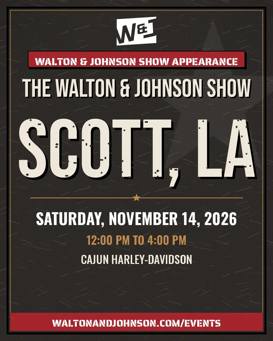 Event flyer: The Walton & Johnson Show at Cajun Harley-Davidson, Saturday, November 14, 12:00 PM to 4:00 PM, Cajun Harley-Davidson, Scott, LA